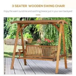OUTSUNNY Wooden Swing Chair With Wooden Canopy Natural 3 Seater -GardenChic Elegant Shop 01 0863 4