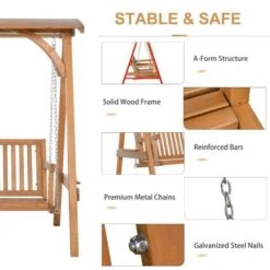 OUTSUNNY Wooden Swing Chair With Wooden Canopy Natural 3 Seater -GardenChic Elegant Shop 01 0863 6