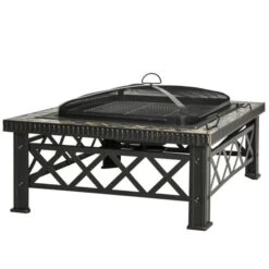 OUTSUNNY Square Steel Fire Pit With Grill Shelf 76cm -GardenChic Elegant Shop 1 1 196 21
