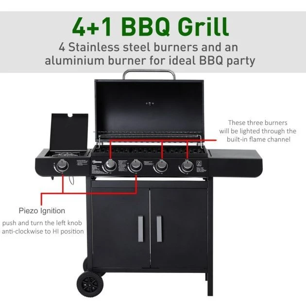OUTSUNNY Deluxe 4 Burner BBQ Grill Steel Black 6 OUTSUNNY Deluxe 4 Burner BBQ Grill Steel Black - Image 4