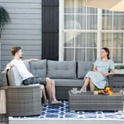 OUTSUNNY Rattan Conversation Corner Set Grey 5 Seater