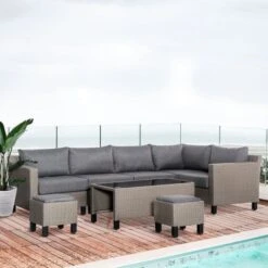 OUTSUNNY Toulouse Rattan Corner Sofa Set Grey 7 Seater