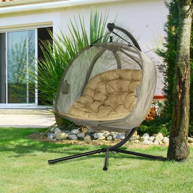 OUTSUNNY Double Hanging Egg Chair Brown 3 OUTSUNNY Double Hanging Egg Chair Brown