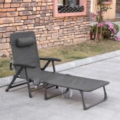 OUTSUNNY Folding Sunbed Lounge Chair Dark Grey