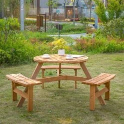 OUTSUNNY Round Garden Picnic Table Wooden