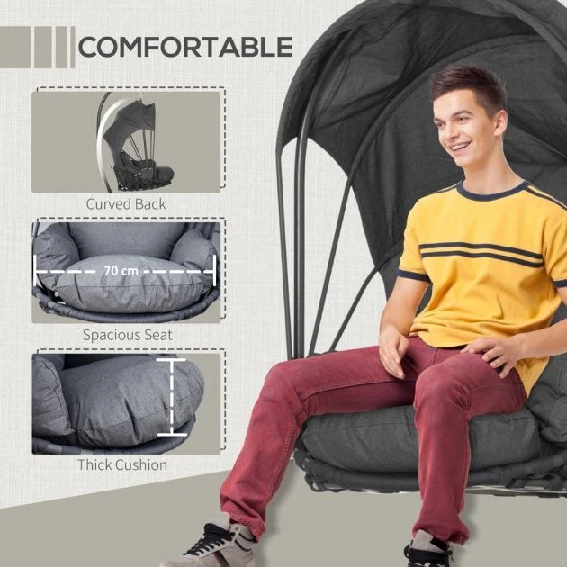 OUTSUNNY Madrid Egg Chair With Retractable Canopy Grey 7 OUTSUNNY Madrid Egg Chair With Retractable Canopy Grey - Image 5