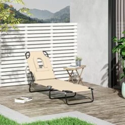 OUTSUNNY Foldable Sun Lounger Chair With Reading Hole Beige