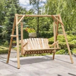 OUTSUNNY Wooden Swing Chair Natural 3 Seater
