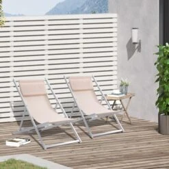 OUTSUNNY Texteline Deck Chair White Pack Of 2