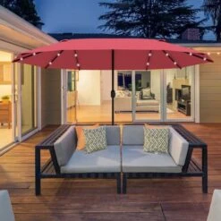 OUTSUNNY Garden Parasol Sun Umbrella LED Lights Red 4.4m