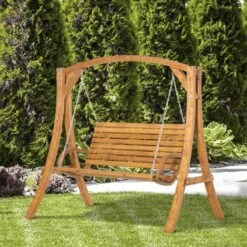 OUTSUNNY Wooden Swing Bench Brown 2-Seater