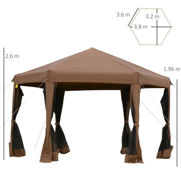 OUTSUNNY Garden Gazebo Hexagonal Dark Brown 3m 4 OUTSUNNY Garden Gazebo Hexagonal Dark Brown 3m - Image 2