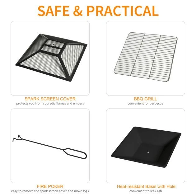 OUTSUNNY Square Steel Fire Pit With Grill Shelf 86cm 6 OUTSUNNY Square Steel Fire Pit With Grill Shelf 86cm - Image 4