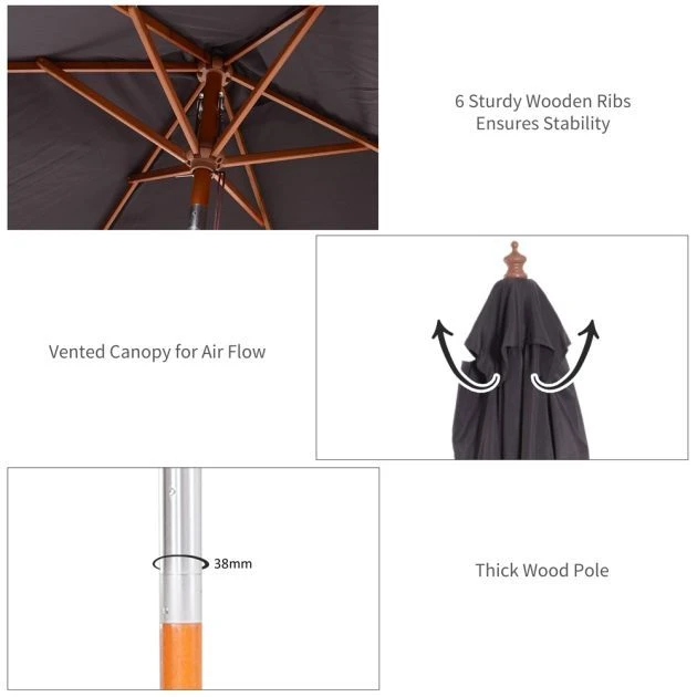 OUTSUNNY Bamboo Frame Parasol Grey - 2m 6 OUTSUNNY Bamboo Frame Parasol Grey - 2m - Image 4