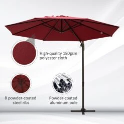 OUTSUNNY Cantilever Garden Parasol Aluminium Wine Red 3m -GardenChic Elegant Shop 4 3 152