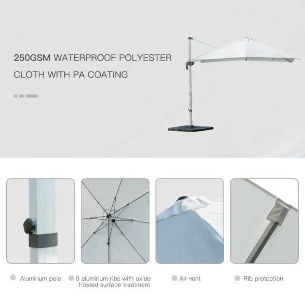 OUTSUNNY Cantilever Garden Parasol Aluminium White 3m 8 OUTSUNNY Cantilever Garden Parasol Aluminium White 3m - Image 6