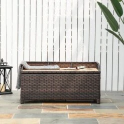 OUTSUNNY Rattan Storage Bench With Inner Linings Brown 2-Seater -GardenChic Elegant Shop 411766.7
