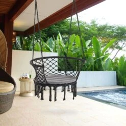OUTSUNNY Hanging Hammock Macrame With Soft Cushion Dark Grey