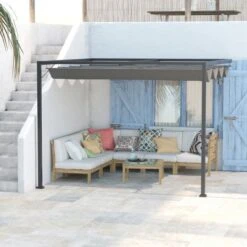OUTSUNNY Wall Mounted Pergola With Retractable Canopy Grey 3m X 3m