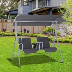 OUTSUNNY Steel Frame Swing Chair With Table Grey 2 Seater