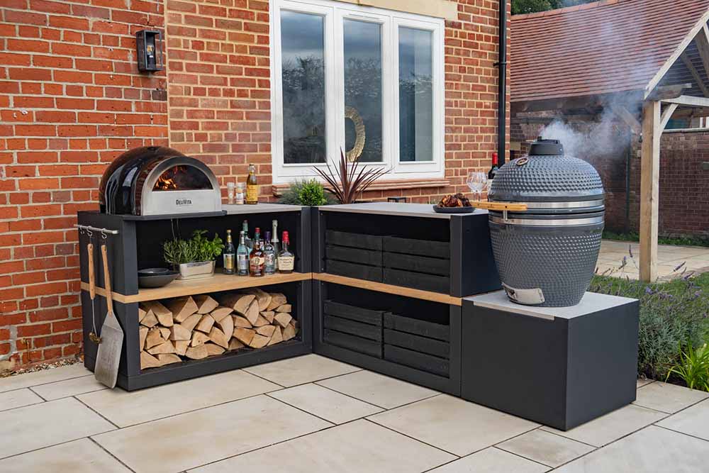 GardenChic Elegant Shop -GardenChic Elegant Shop Small L shaped outdoor kitchen with a pizza oven and Gusto kamado BBQ in Cambridge UK